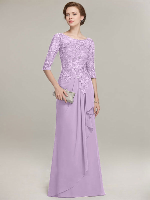 A-Linien Rundhalsausschnitt Illusions bodenlanges Spitzen-Chiffon Mutter der Braut Kleid mit kaskadierenden Rüschen
