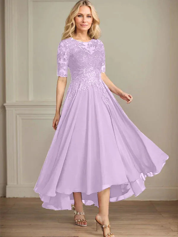 A-Linien Scoop-Ausschnitt Illusion asymmetrisches Chiffon-Spitzen-Mutter-der-Braut-Kleid mit Pailletten