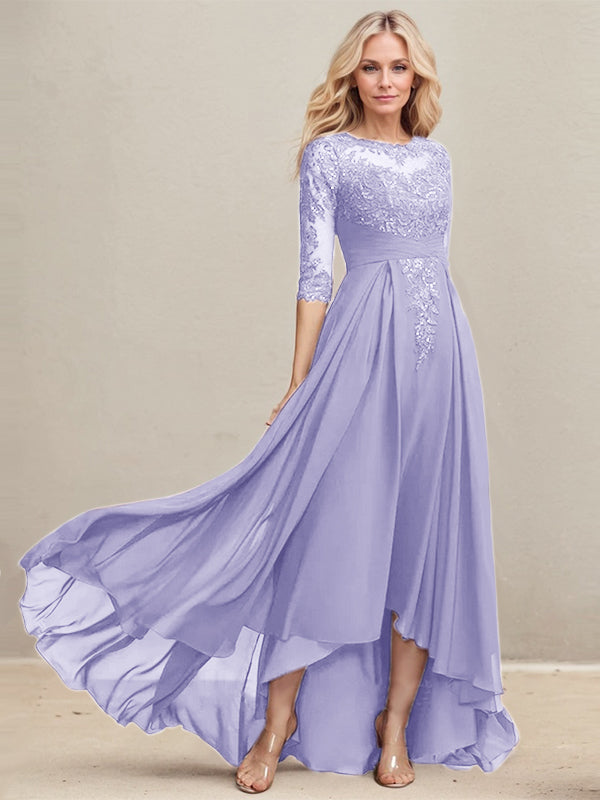 A-Linien Ausschnitt Illusions Asymmetrisches Spitzen-Chiffon Kleid für die Mutter der Braut mit plissierten Pailletten