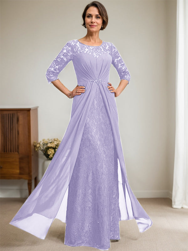 A-Linien Rundhalsausschnitt Illusions-Bodenlanges Spitzen-Chiffonkleid für die Brautmutter mit Perlen und Volants