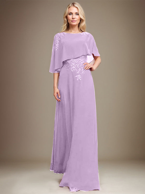 A-Linie Rundhals Bodenlanges Chiffon-Spitzenkleid für die Brautmutter mit Pailletten und Perlen