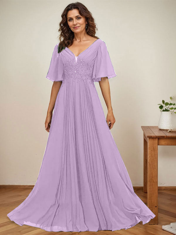 A-Linien V-Ausschnitt bodenlanges Chiffon Mutterkleid der Braut mit Pailletten-Applikationen, Spitze und Falten