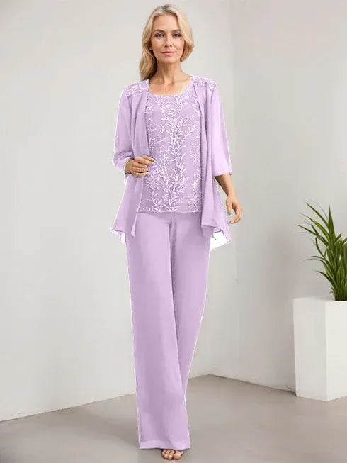 Zweiteiler Jumpsuit/Hosenanzug U-Ausschnitt bodenlanges Spitzen Chiffon Mutter der Braut Kleid mit Pailletten