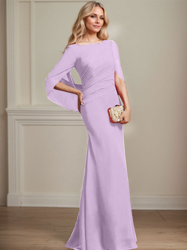 Trompeten-/Meerjungfrauen-Chiffonkleid mit Bootsausschnitt, bodenlang, plissiert, Brautmutterkleid