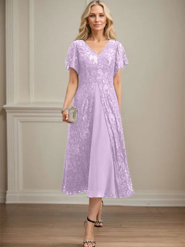 Robe mère de la mariée ligne A en dentelle et mousseline à col en V longueur thé