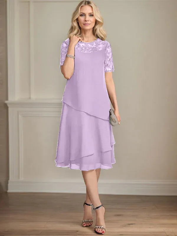 A-Linien Rundhals Illusions-Knie-Länge Spitzen-Chiffon Kleid für die Brautmutter mit Pailletten