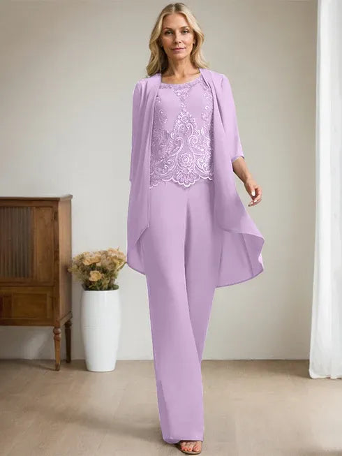 Zweiteiler Jumpsuit/Hosenanzug mit Rundhalsausschnitt, bodenlanges Chiffon-Spitzenkleid für die Mutter der Braut mit Perlen und Pailletten