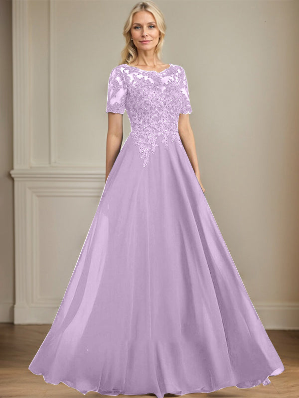 A-Linien Rundhals Illusions-Bodenlanges Chiffon-Spitzenkleid für die Mutter der Braut mit Pailletten und Perlen
