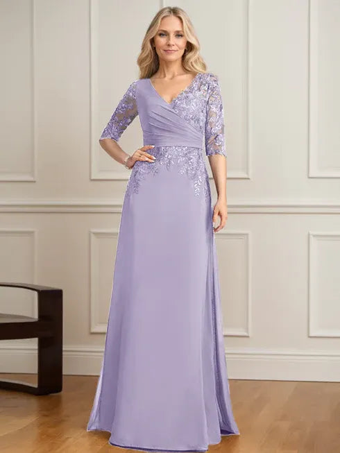 A-Linien V-Ausschnitt bodenlanges Spitzen-Chiffon Kleid der Brautmutter mit plissierten Pailletten