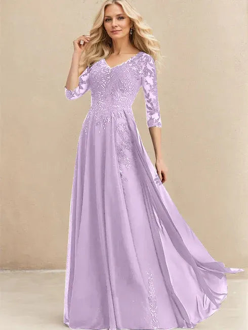 A-Linien V-Ausschnitt Bodenlanges Spitzen-Chiffon Kleid für die Brautmutter mit Pailletten