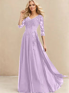 A-Linien V-Ausschnitt Bodenlanges Spitzen-Chiffon Kleid für die Brautmutter mit Pailletten