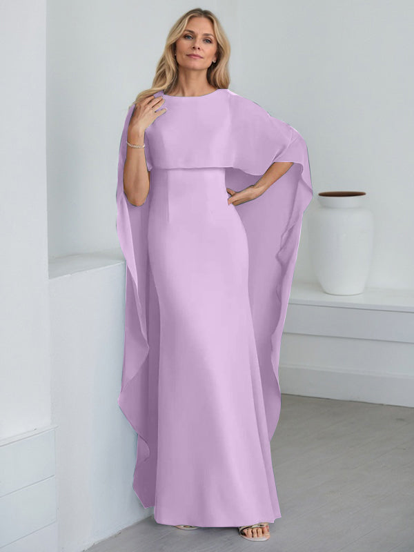 Etui-Kleid mit Rundhalsausschnitt, bodenlang, Chiffon, Mutter-der-Braut-Kleid mit kaskadierenden Rüschen