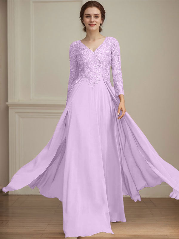 A-Linien V-Ausschnitt Bodenlanges Spitzen-Chiffon Kleid für die Brautmutter mit Pailletten