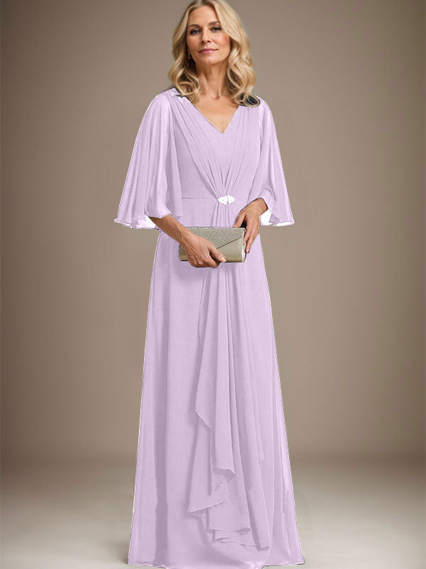 A-Linien V-Ausschnitt Bodenlanges Chiffon Kleid für die Brautmutter mit kaskadierenden Rüschen und Kristallbrosche
