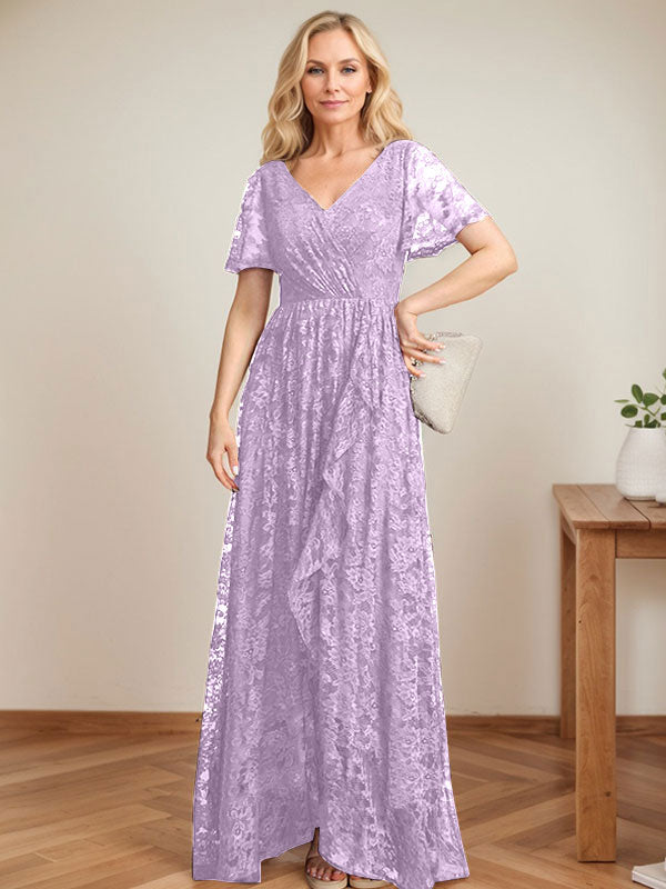 A-Linien Spitzen-Mutter-der-Braut-Kleid mit V-Ausschnitt, asymmetrisch und mit kaskadierenden Rüschen