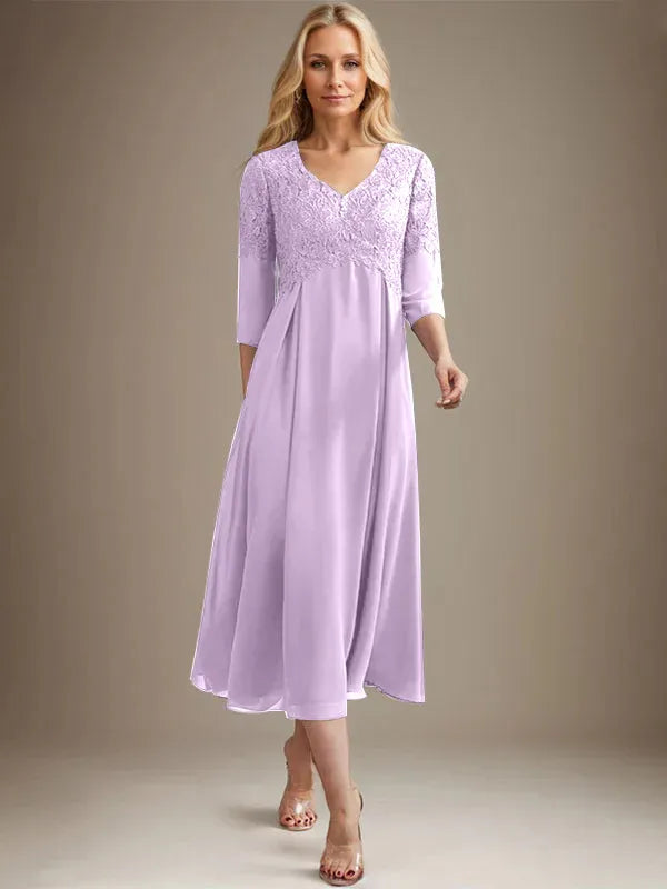 Vestido línea A con escote en V, largo hasta el té, de gasa y encaje para madre de la novia con pedrería
