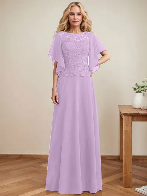 A-Linien Rundhals Illusions-Bodenlanges Spitzen-Chiffon Mutter-der-Braut-Kleid mit Pailletten