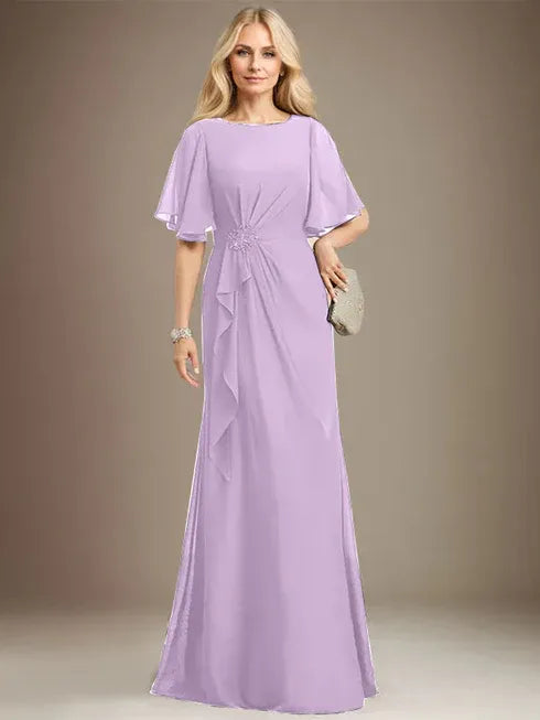A-Linien Rundhals bodenlanges Chiffon Mutter der Braut Kleid mit kaskadierenden Rüschen Perlen Pailletten