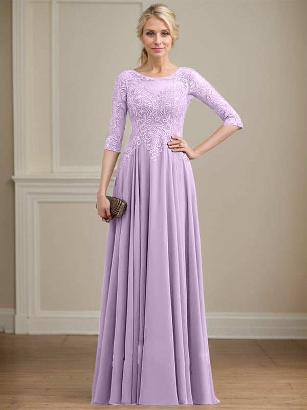 A-line Scoop Illusion Floor-Length Lace Chiffon Mother of the Bride Dress With Sequins