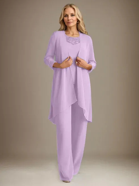 Chiffon Kleid mit Rundhalsausschnitt und langen Ärmeln, Mutter-der-Braut Hosenanzug mit Jacke