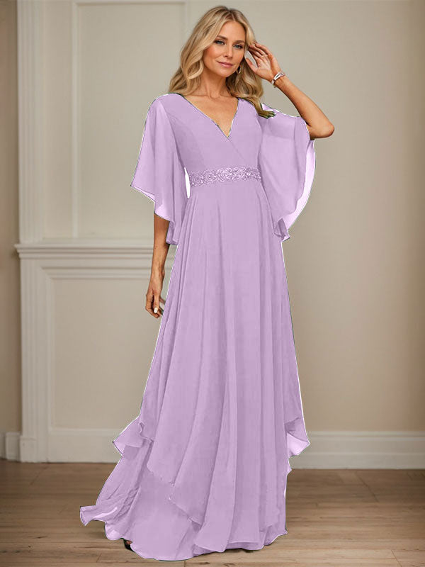 A-Linien V-Ausschnitt bodenlanges Chiffon-Mutter-der-Braut-Kleid mit Pailletten-Applikationen, Spitze und Perlen