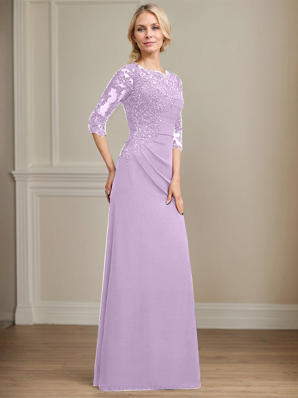 A-Linie Rundhals bodenlanges Chiffon Spitzen Brautmutterkleid mit Perlen Falten Pailletten