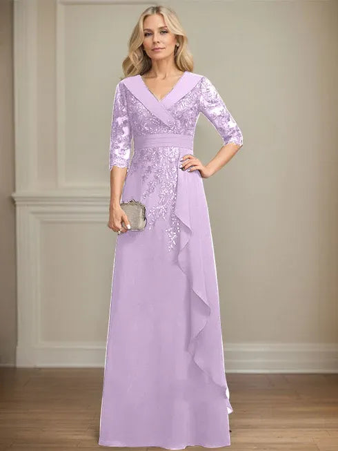 A-Linien Kleid mit Kragen, V-Ausschnitt, bodenlang, aus Spitze und Chiffon, Mutter der Braut Kleid mit Pailletten und fallenden Rüschen