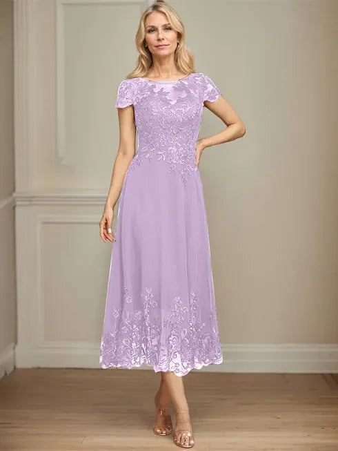 A-Linien Illusions Rundhals tea-langes Spitzenchiffon Mutter der Braut Kleid mit Pailletten