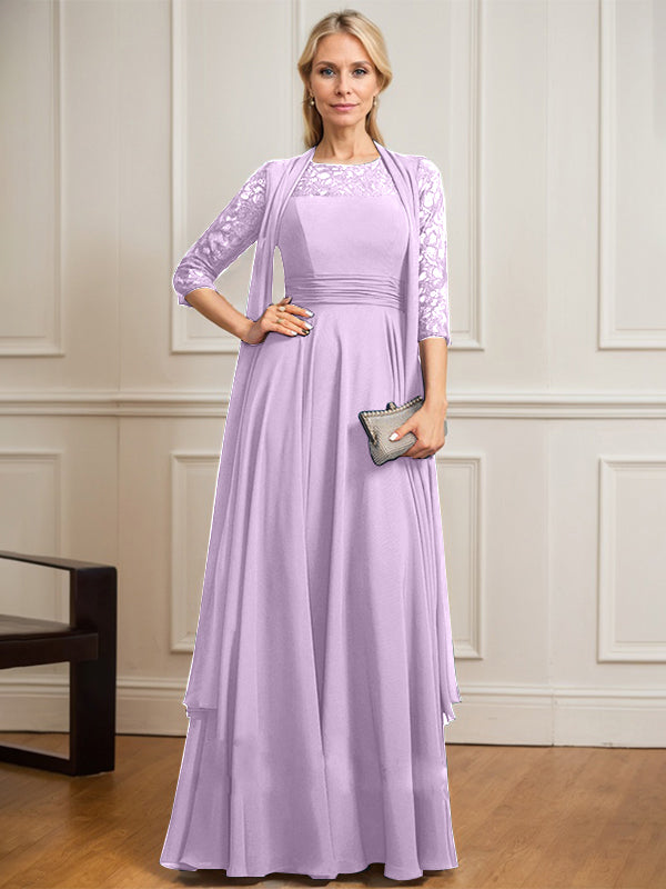 A-Linien Kleid mit Rundhalsausschnitt, Illusion, bodenlang aus Spitze und Chiffon, Mutter-der-Braut-Kleid mit Faltenwurf