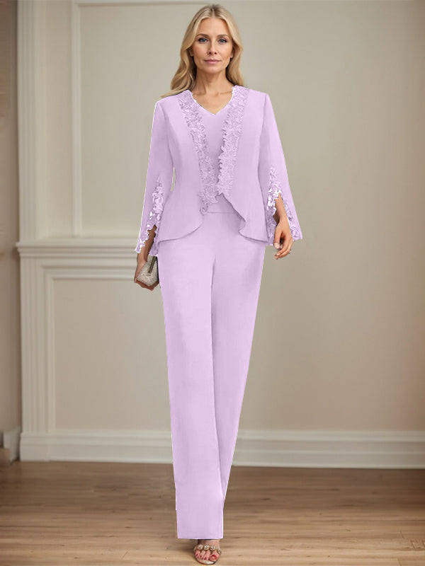 Zweiteiler Jumpsuit/Hosenanzug V-Ausschnitt bodenlanges Chiffon Mutter der Braut Kleid