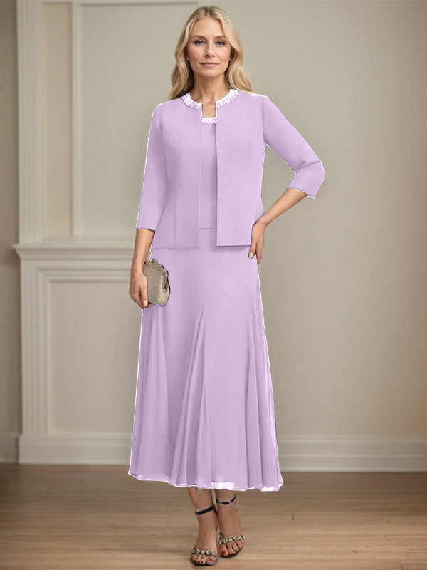 Separates A-Linien Chiffonkleid mit Rundhalsausschnitt, tea-length, Mutter der Braut mit Pailletten und Perlen