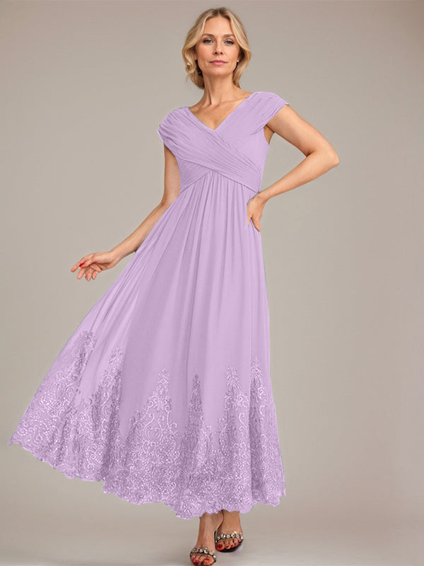A-Linien V-Ausschnitt Knöchellanges Chiffon Kleid der Brautmutter mit Applikationen und Pailletten