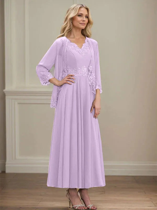 A-Linien Kleid mit V-Ausschnitt, knöchellang, aus Chiffon, Mutter der Braut Kleid mit Pailletten, Applikationen, Spitze und Perlenbesatz