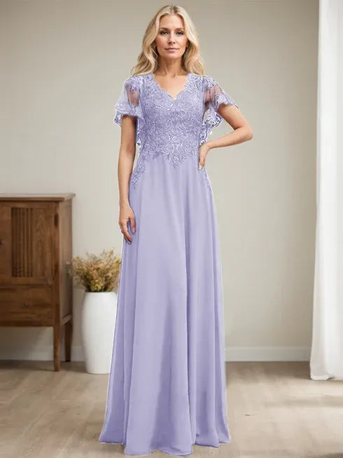 Robe mère de la mariée ligne A col en V longue en dentelle et chiffon avec sequins