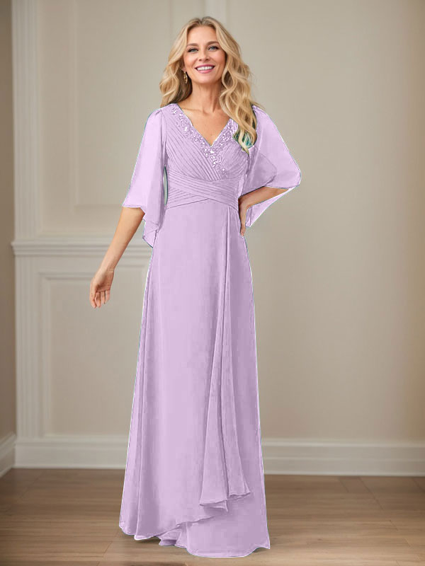 A-Linien V-Ausschnitt langes Pailletten-Chiffon Mutterkleid