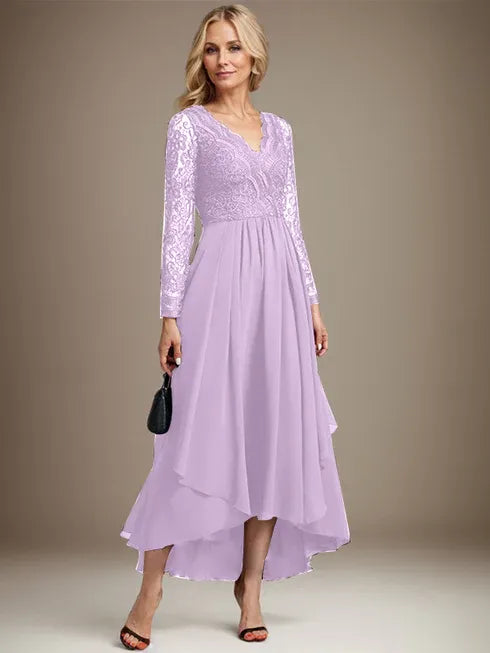 Vestido de madre de la novia en línea A con escote en V, encaje y gasa asimétrica
