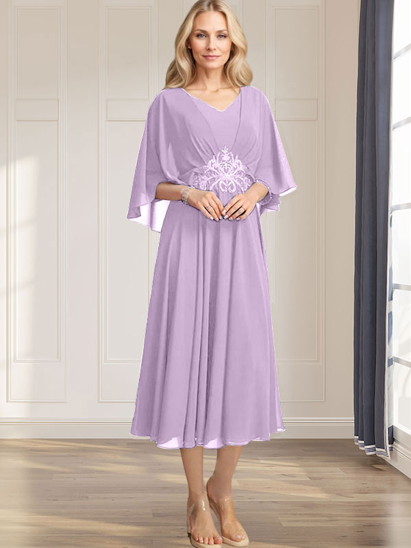 Robe de mère de la mariée en mousseline, longueur thé, col en V, en ligne A, avec appliques plissées, sequins, dentelle et perles