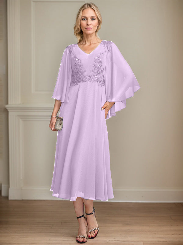 A-Linien-Brautmutterkleid aus Chiffon, V-Ausschnitt, tea-length mit Spitze, Pailletten und Perlen