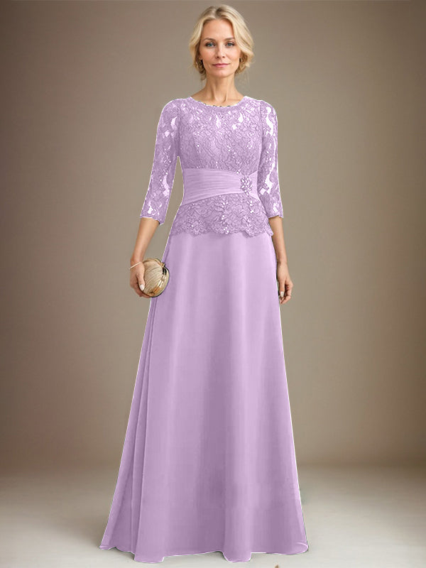 A-Linien Kleid mit Scoop-Ausschnitt, Illusion, bodenlangem Chiffon und Spitze, Mutter-der-Braut-Kleid mit plissierten Pailletten und Perlenbesatz
