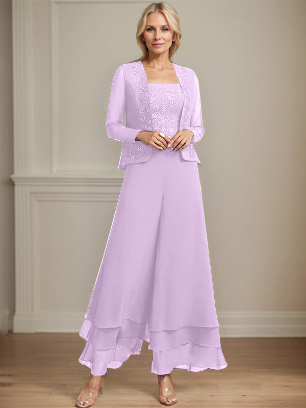 Zweiteiler Jumpsuit/Hosenanzug quadratisch knöchellang Spitze Chiffon Brautmutterkleid mit Pailletten