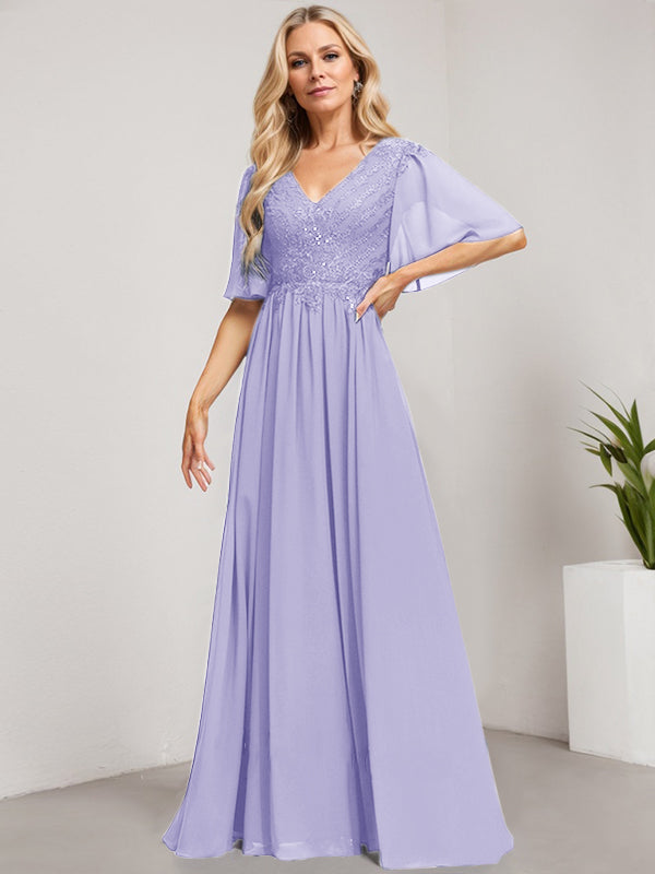 Robe mère de la mariée ligne A col en V longue en dentelle et chiffon avec sequins