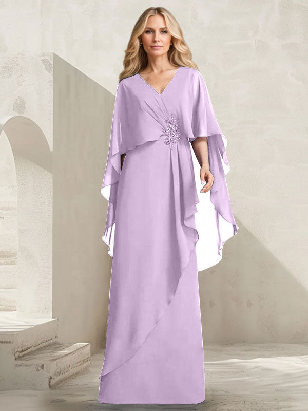 Robe mère de la mariée longue en chiffon coupe trapèze à col en V avec volants en cascade et perles