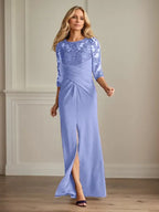 Pflaumenfarbenes eng anliegendes Spitzen Stretch Krepp Kleid für die Brautmutter