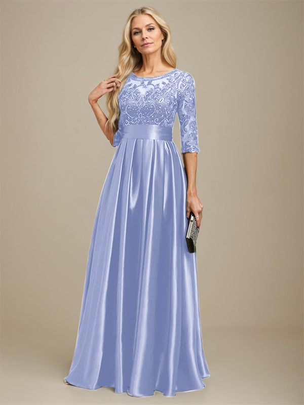 A-Linien Ausschnitt Illusions bodenlanges Stretch-Satin-Spitzenkleid für die Brautmutter mit Schleife und Pailletten