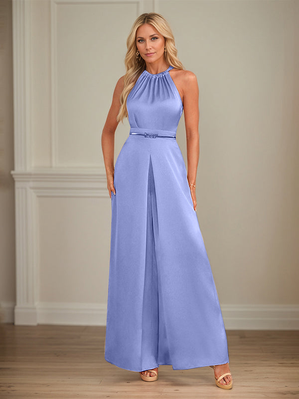 Jumpsuits Neckholder bodenlanges Satin Hochzeitskleid