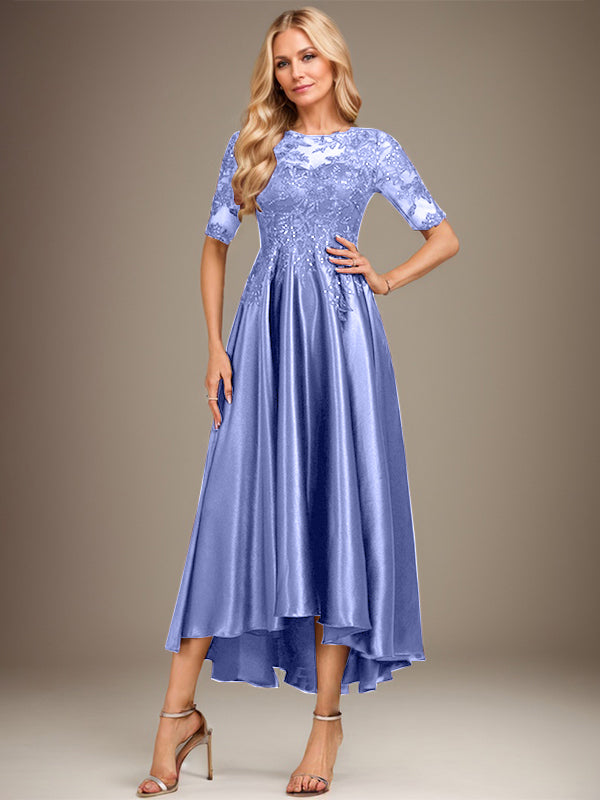 A-Linie Rundhalsausschnitt Illusion Asymmetrisches Stretch-Satin-Spitzen-Brautmutterkleid mit Pailletten