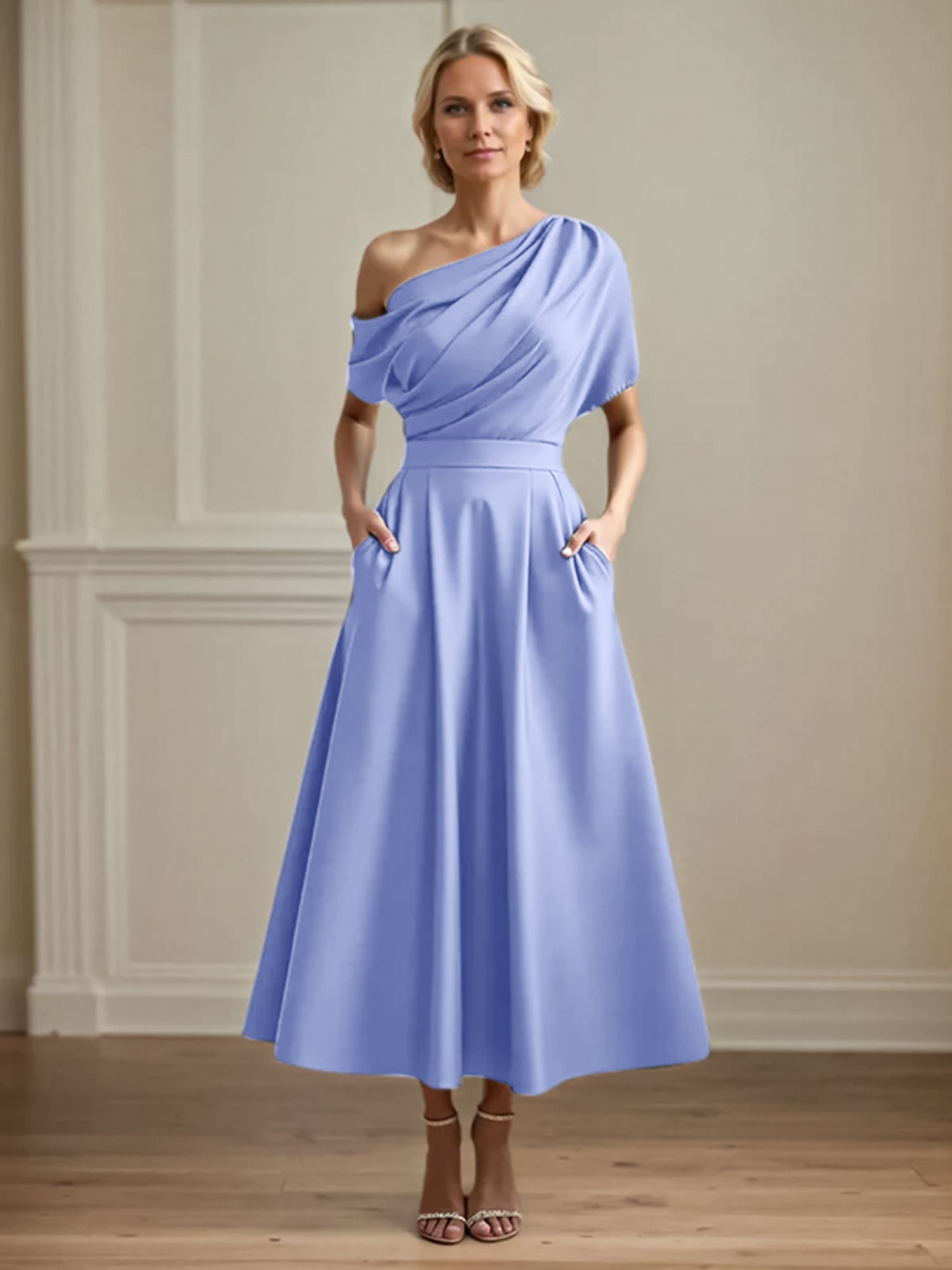 A Line Satin One Shoulder Pleated Ankle Length Mother of the Bride Dress