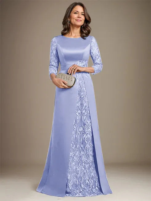 Vestido de madre de la novia largo hasta el suelo con encaje, satén, línea A, escote redondo y aplicaciones