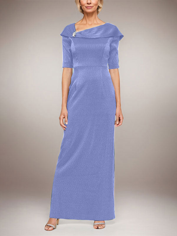Langes schimmerndes Säulenkleid mit umgeschlagenem Ärmelbündchen, L-Ausschnitt und Ellbogenärmeln