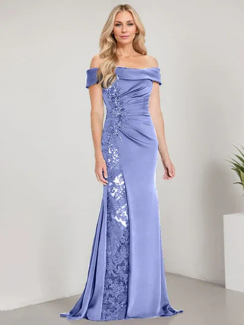 A-Linien Schulterfreies bodenlanges Brautmutterkleid mit Applikationen und Perlenbesatz Meerjungfrauenkleid mit hohem Schlitz